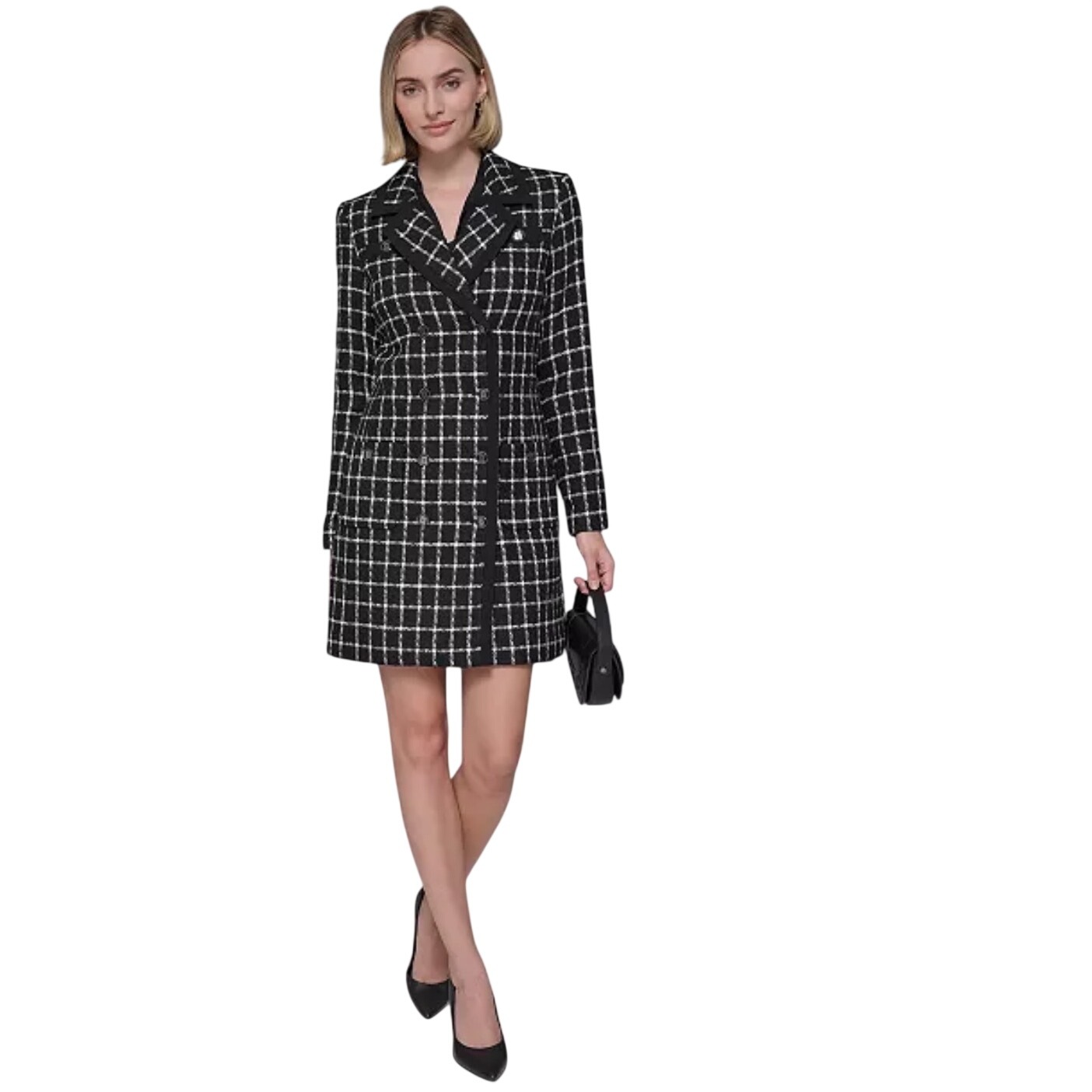 Karl Lagerfeld Paris Womens Black White Windowpane Tweed Blazer Coat Size 12 New